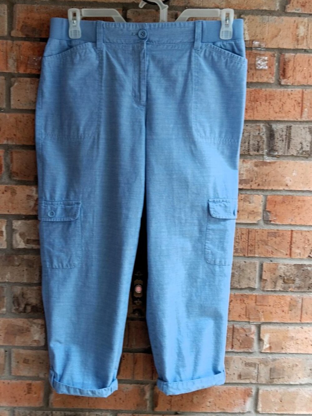 Talbots Womens Crop Capri Cargo Pants Rib Knit Elastic Waist Cotton Blue Size 8
